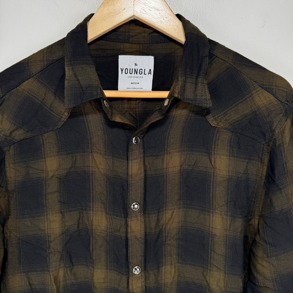 YoungLA Pearl Snap Western Flannel Shirt Men Medium Brown Black Check Rayon - Picture 2 of 9